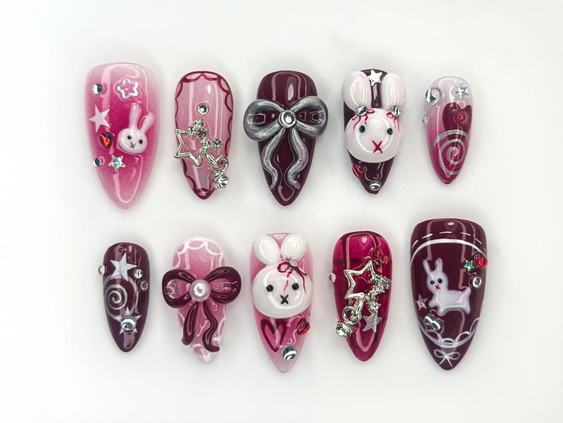 Gothic Bunny Dream Press On Nails | Red And Pink Festive Nail Art | 3D Bunny & Bow Charms | Starry Holiday Glam Nails | OB1177BC