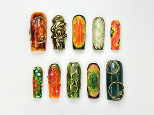 Retro Jungle Luxe Press On Nails | 3D Gold Abstract Nail Art | Green & Orange Swirl Press Ons | Handmade Statement Nails | OB976HC