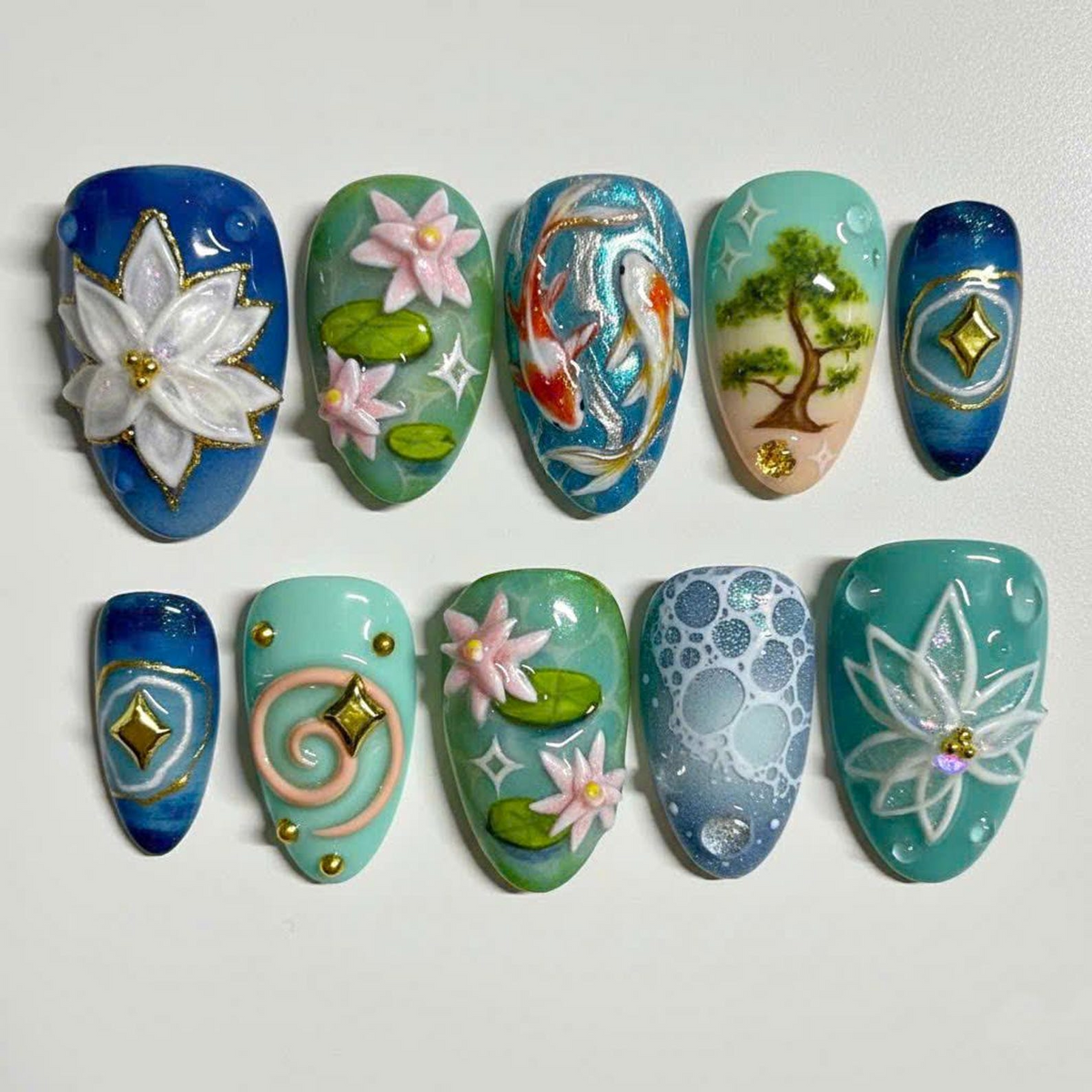 Lotus Koi Serenity Press On Nails | Zen Pond Nail Art | Koi Fish & Lotus Flower Nails | Nature Inspired Press Ons | OB264EC