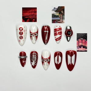 Kpop Inspired Cupid Voyage Nails | 7 Spirit Arirang Love Muse Press Ons | Red White Silver Retro Pop Nails | Coquette Fandom Nails| OC358IK