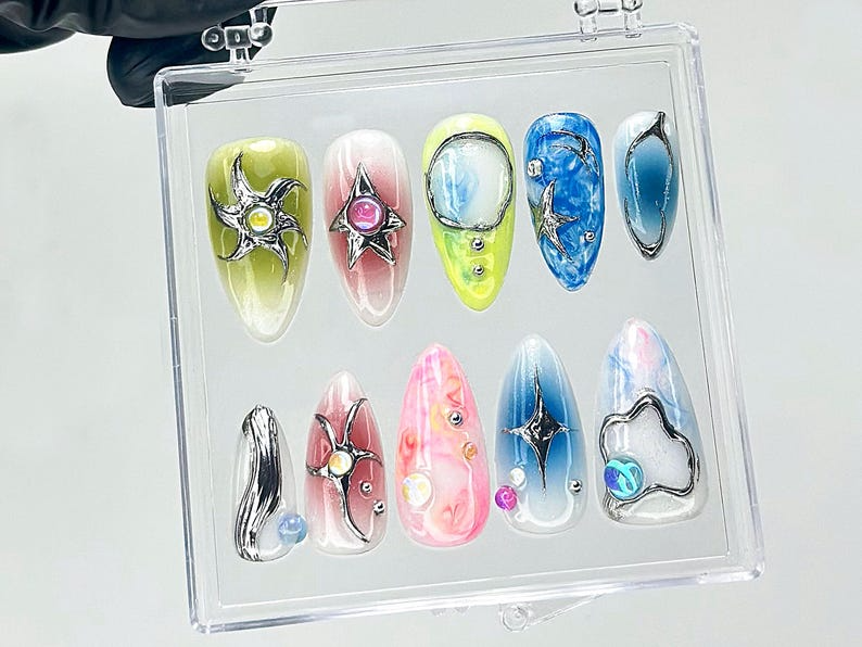 Iridescent Galaxy Press On Nails | Space Theme Fake Nails | 3D Celestial Nail Art | Shimmer Galaxy Press Ons | Starry Sky Press Ons |OB927YC