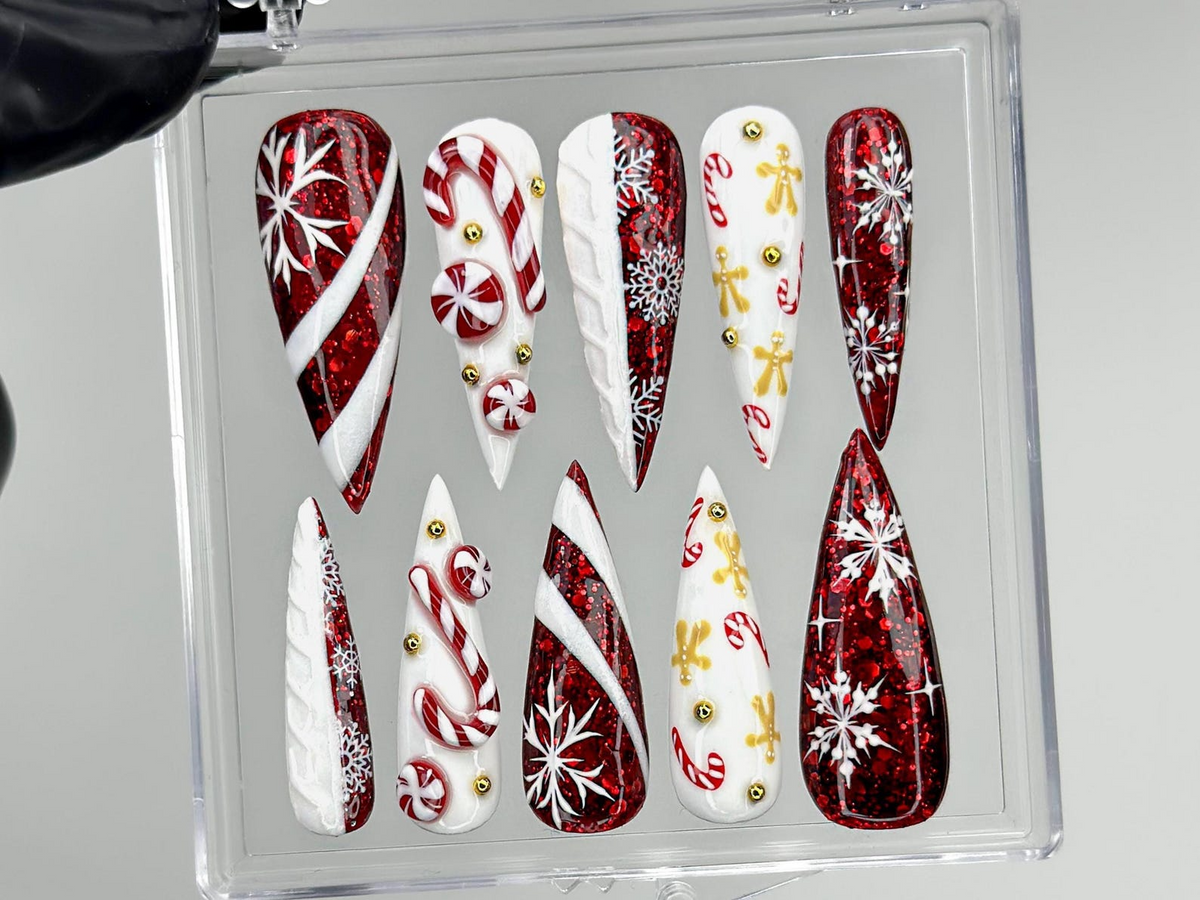 Red Glitter Christmas Press On Nails | Nails | Candy Cane Christmas Nail Art | Holiday Stiletto Nail Art | Luxury Festive Press Ons|OB1210EC