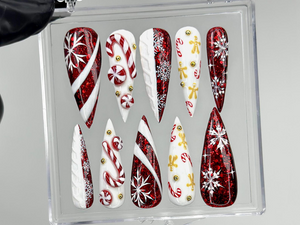Red Glitter Christmas Press On Nails | Nails | Candy Cane Christmas Nail Art | Holiday Stiletto Nail Art | Luxury Festive Press Ons|OB1210EC