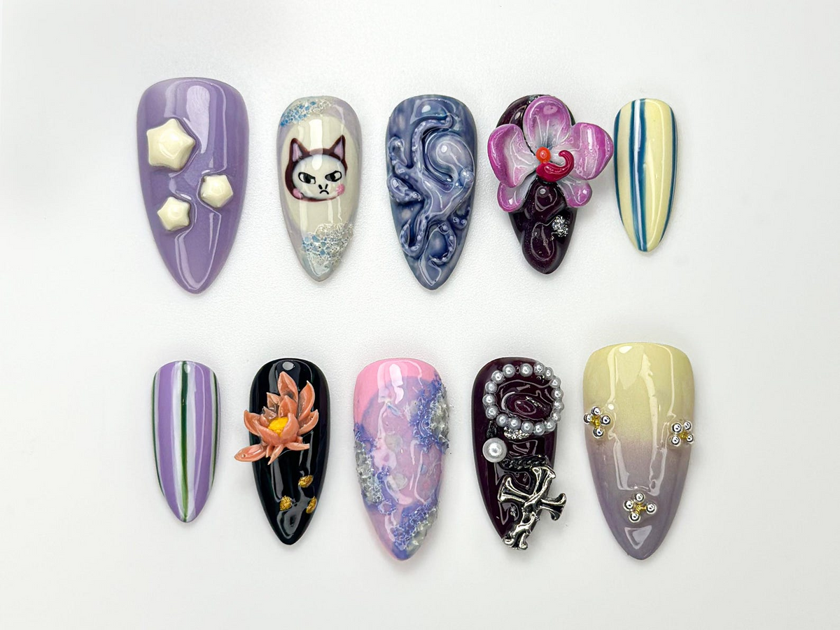 Whimsical Violet Press On Nails | 3D Cat & Orchid Nail Art | Abstract Swirl Gothic Pearl Nails | Handmade Nail Set| Artistic Nails | OB981HC