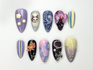 Whimsical Violet Press On Nails | 3D Cat & Orchid Nail Art | Abstract Swirl Gothic Pearl Nails | Handmade Nail Set| Artistic Nails | OB981HC