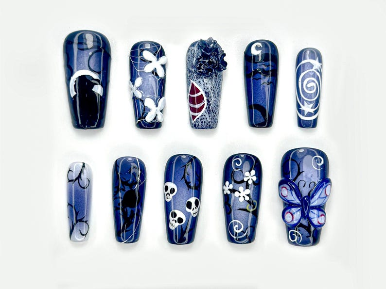 Midnight Gothic Butterfly Press On Nails | Dark Blue Fantasy Nail Art | 3D Butterfly, Skulls & Floral Accents | OC140EC