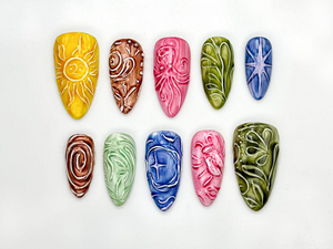 Celestial Carved Texture Press On Nails | Abstract Nature Nail Art | Earth Element Nail Set | 3D Carved Nails | Colorful Press Ons | OB932H