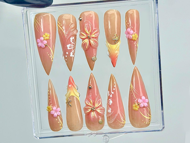 Sunset Blossom Whisper Press On Nails | 3D Pastel Flower Nail Art | Elegant Nude & Coral Tones | Handcrafted Ombre Floral Nails |OC999EK