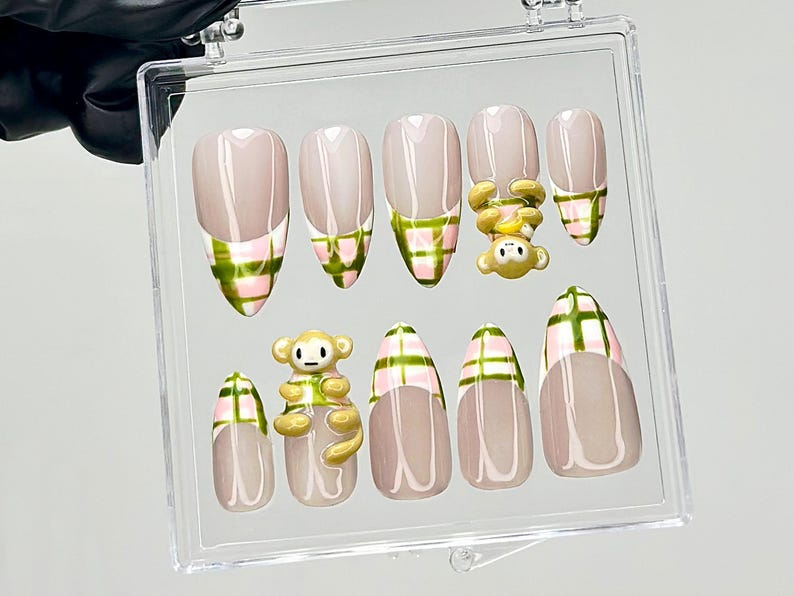 Kawaii Monkey Press On Nails | 3D Animal Fake Nails | Plaid & Monkey Nail Art | Pastel French Tips Press Ons | Kawaii Nails | OB908YC