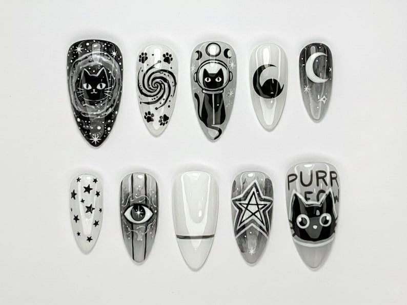 Cosmic Black Cat Press On Nails | Gothic Cat Nail Art | Moon Star Astrology Nails | Witchy Black White Press Ons | Mystic Nail Set | OB263H