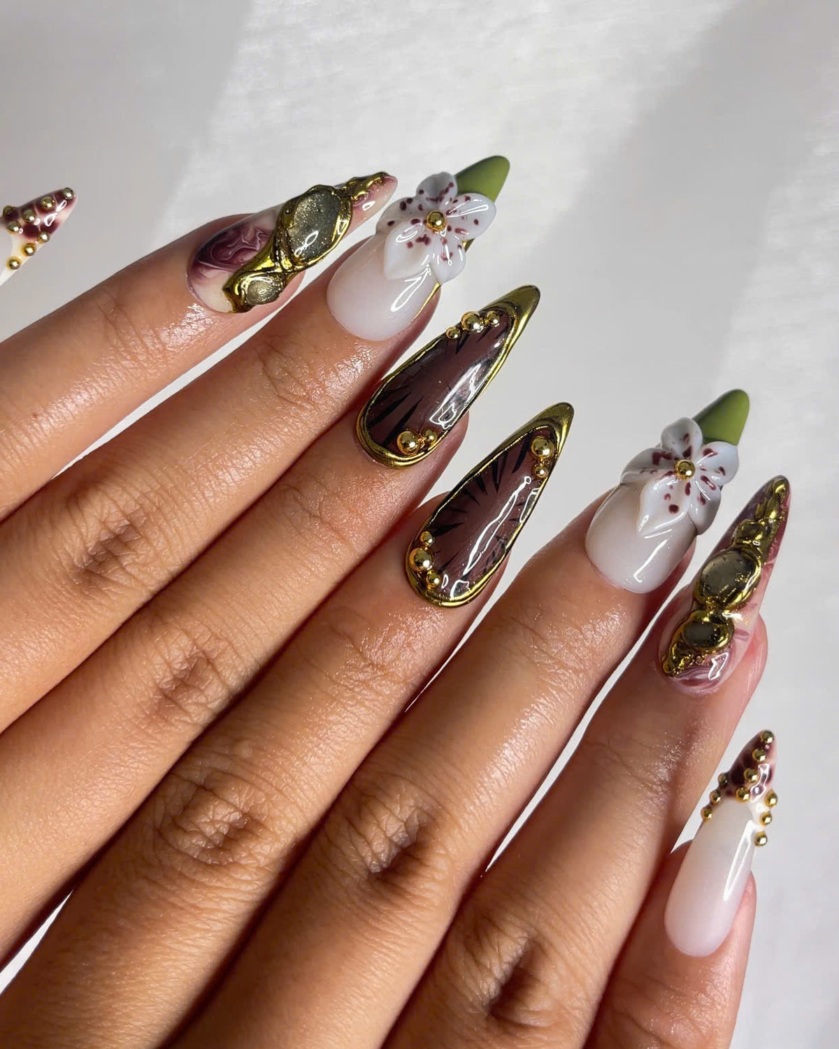 Autumn Gemstone Bloom Press On Nails | Fall Burgundy and Green Nail Art | 3D Flower & Crystal Accents | Baroque Autumn Design | OC1094EC