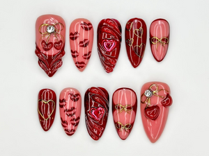 Ruby Kiss Valentine Press On Nails | 3D Heart Valentine Long Nails | Red Pink Ribbon Nail Art | Luxury Love Statement Set | OB273EC