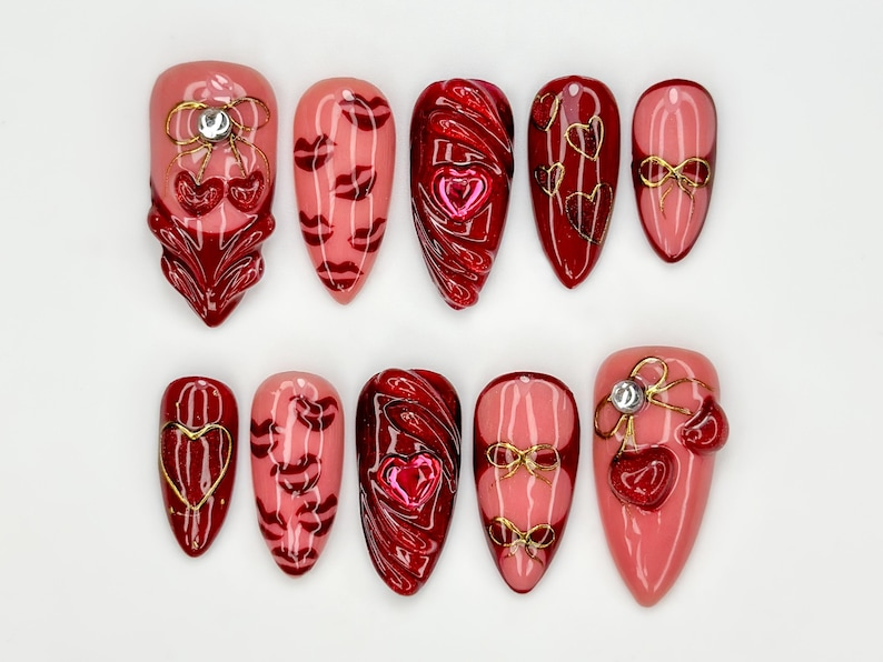 Ruby Kiss Valentine Press On Nails | 3D Heart Valentine Long Nails | Red Pink Ribbon Nail Art | Luxury Love Statement Set | OB273EC
