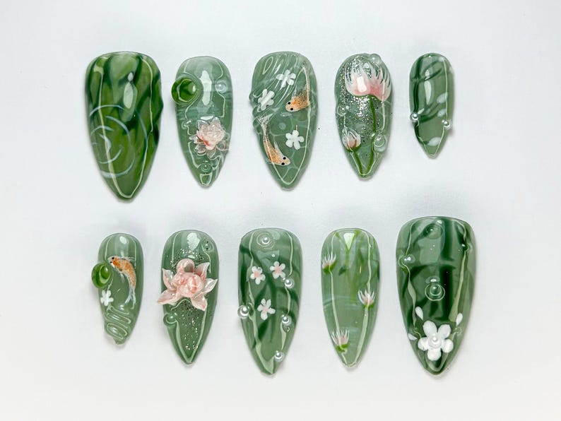 Green Forest Koi Press-On Nails | Handmade Koi Fish Nail Set | Green Floral & Marble Press-Ons | Glossy Press-On Nail Set | OB723HK