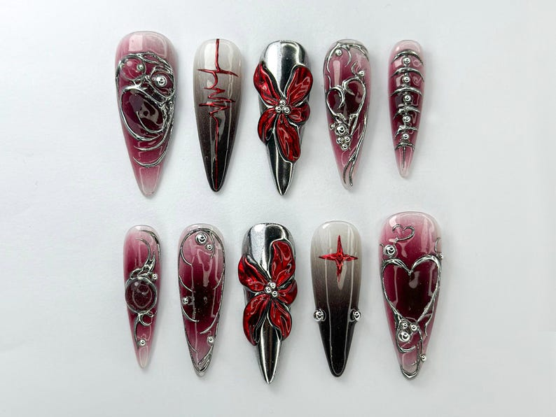 Gothic Blood Red Press-On Nails | Edgy Black And Red Press-Ons | Gothic Press-On Set | Cyberpunk & Gothic Nails | OB726HC