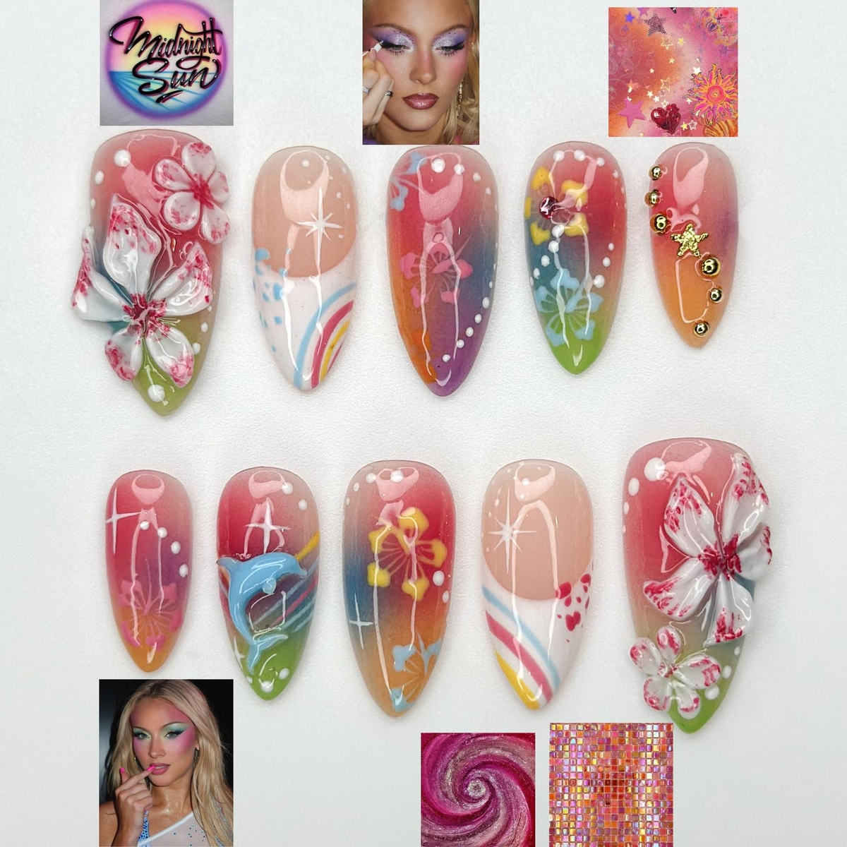 Midnight Sun Press On Nails for Y2K Lovers | Sunset Ombre Rainbow Nails with 3D Floral Art | 90s Nail Design | Artistic Press Ons | OB290HC