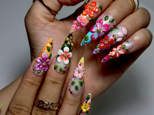 Tropical Garden Explosion Press On Nails | 3D Colorful Floral Nail Art | Rainbow Gradient Tips with Leaves & Gems | OB989EC