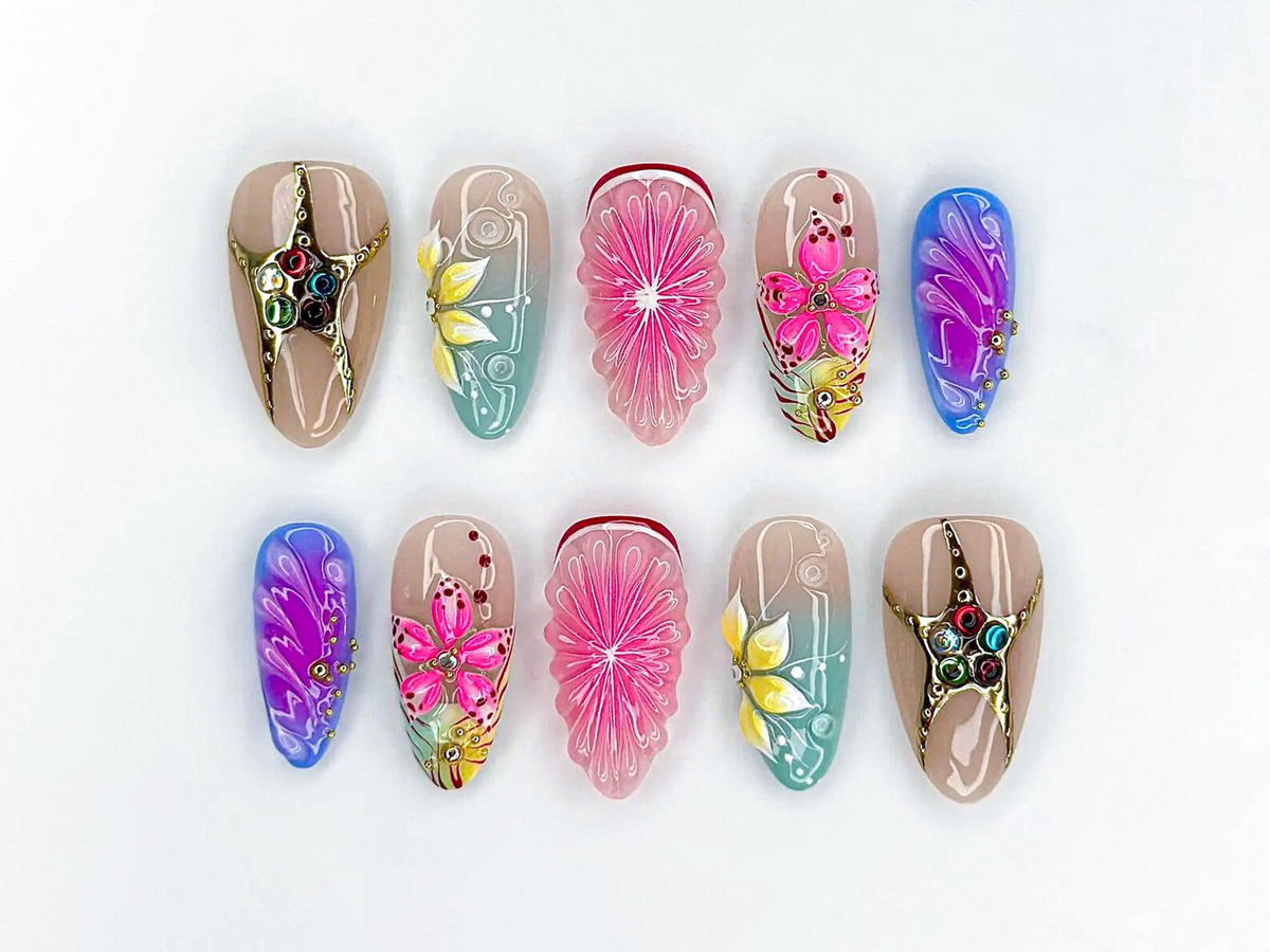 Tropical Bloom Press On Nails | 3D Flower Summer Nails | Colorful Citrus Slice Nails | Hand Painted Floral Nails | Vacation Nails | OB319H