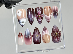 Luxury Purple Press On Nails | Glossy Ombre Press Ons | Deep Burgundy Fake Nails | 3D Blossom Nail Art | Long Almond Nails | OB746YK