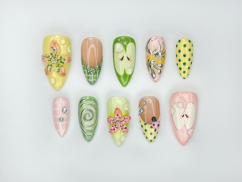 Green Garden Press On Nails | 3D Floral Accents, Ladybug Charms & Whimsical Pastel Nail Art | Handmade Nature-Inspired Nail Set | OB123EC