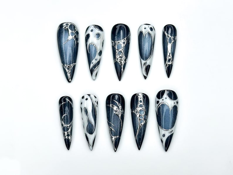Winter Galaxy Press On Nails | Black & Silver Metallic Nail Art | Space-Inspired Chrome Design | Gothic Celestial Nails | OC1166BK