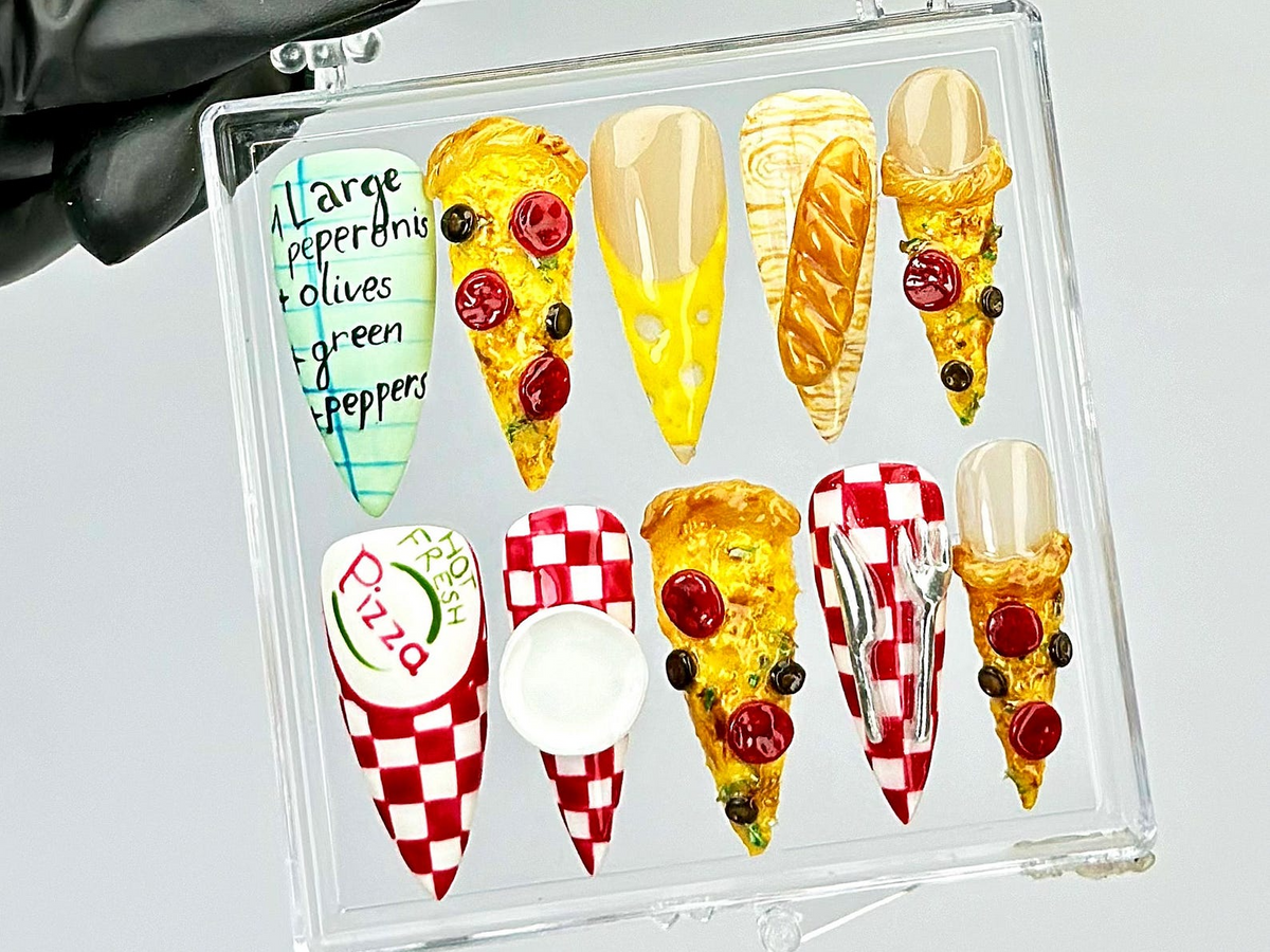 Pepperoni Pizza Nails By Dorynail | 3D Food Fake Nails | 3D Novelty Nail Art | Gift for Pizza Lovers Acrylic Nails | 3D Pizza Nails |OB818Y