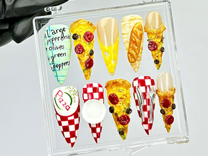 Pepperoni Pizza Nails By Dorynail | 3D Food Fake Nails | 3D Novelty Nail Art | Gift for Pizza Lovers Acrylic Nails | 3D Pizza Nails |OB818Y