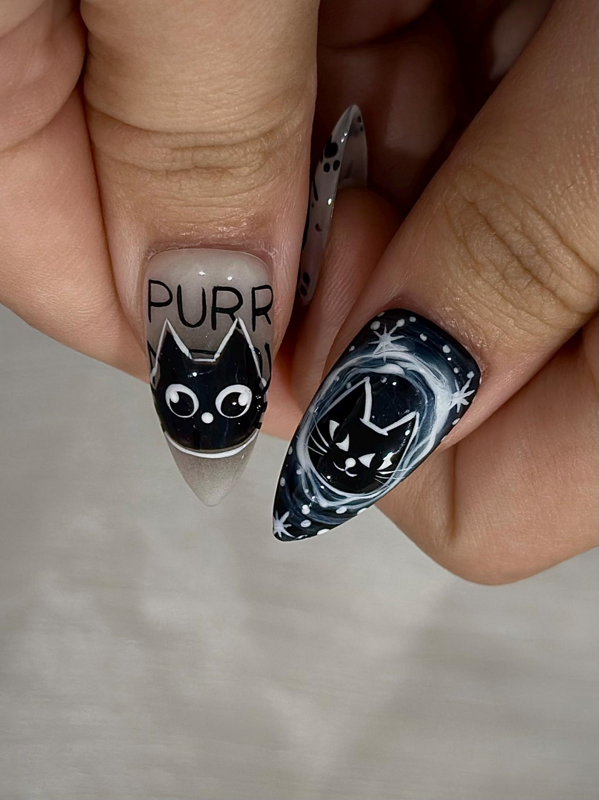 Cosmic Black Cat Press On Nails | Gothic Cat Nail Art | Moon Star Astrology Nails | Witchy Black White Press Ons | Mystic Nail Set | OB263H
