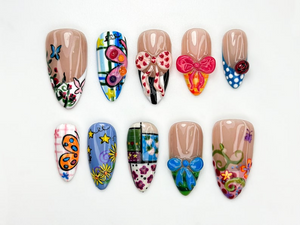 Pop Art Press On Nails | Funky Cartoon Mixed Pattern Nails | 3D Cute Bug & Ribbon Nail Art | Playful Art Press Ons | Cute Cartoon | OB804HC