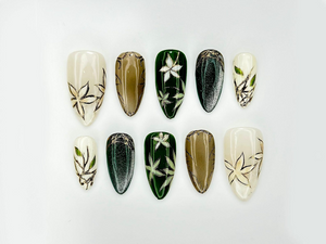 Jade Garden Serenity Press On Nails | Chinese Ink Painting Style | Lotus Bloom & Jade Charm Nails | Elegant Floral Nail Art | OC105EK