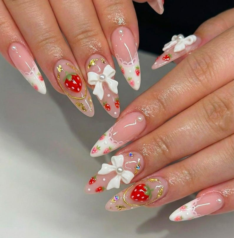 Cute Strawberry Bow Press On Nails | Pink French Tip Nails | Cute 3D Kawaii Nail Art | Handmade Luxury Press Ons | OC995GC