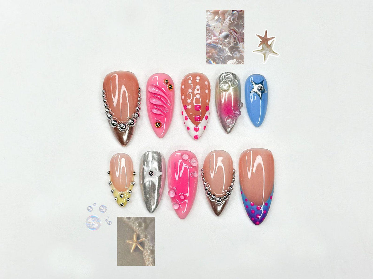 Glossy Press On Nails with Chrome Silver and Jelly Pink | Star Accent Pastel Nails in Almond Shape | Cute Nails | OC345NC