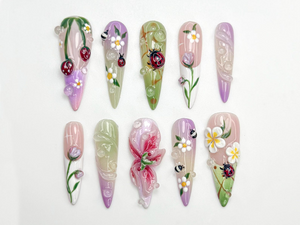 Pastel 3D Ladybug Press On Nails | 3D Floral Garden Nail Art | Cute Spring Nature Nails | Whimsical Bug Nail | Garden Bloom Design | OB800HC