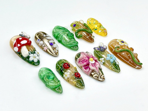 Enchanted Forest presson nails | 3D Mushroom Fairy Nail Art | Nature Inspired Press Ons |3D Fairy Garden Fake nails |Magical Nails | OB952YK