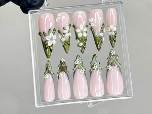 Sculpted Floral Press On Nails | Glossy Green Leaf Nail Art | Ethereal Spring Press Ons | Elegant Flower Tips Fake nails | Luxury | OB944LK