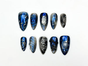 Galaxy Gothic Press On Nails | Dark Blue Chrome Cat Eye Nails | Celestial Star Night Nail Art | Handmade Cosmic Gel Nails | OB328IC