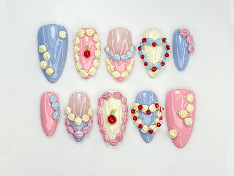 Pastel Birthday Party Press On Nails |Sweet Dessert-Inspired Nails | 3D Pastel Icing & Cream Nail Art | Handmade Birthday Nails | OB808HC