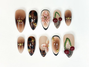 Tortoiseshell Fall Press On Nails | 3D Fruit & Floral Nail Art | 3D Cherry Blossom Nail Design| Handmade Luxury Nail| Elegant Nail | OC187HK