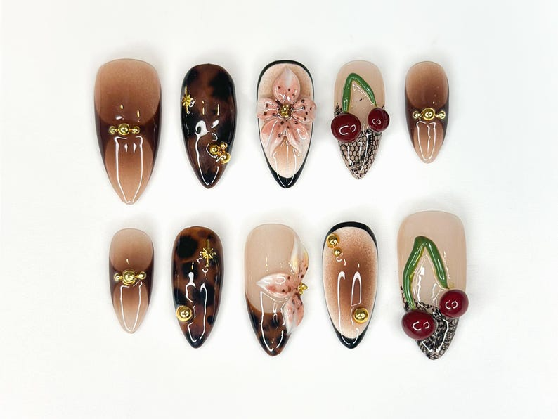 Tortoiseshell Fall Press On Nails | 3D Fruit & Floral Nail Art | 3D Cherry Blossom Nail Design| Handmade Luxury Nail| Elegant Nail | OC187HK