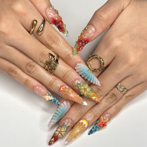 3D Fruit & Tropical Flower Nails | Yellow Lemon Orange Citrus Press On | Pastel Blue Shell Starfish Art | Summer Beach Vacation | OB1349D