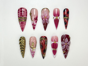 Crimson Gold Floral Press On Nails | 3D Red Floral & Gold Nail Art | Sculpted Jewel Accent Nails | Handmade Elegant Press On Set | OC992HP