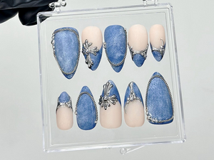 Silver Trim Denim Press On Nails | Blue Jean Fake Nails | Cowgirl Style Nail Art | Western Denim Press Ons | Textured Denim Nails | OB926YC