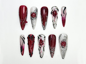 Vampire Red Gothic Press On Nails | Gothic Nail Art Set | Silver Blood Magic Nails | Dark Rune Design Press Ons | 3D Fantasy Nails | OC863HC