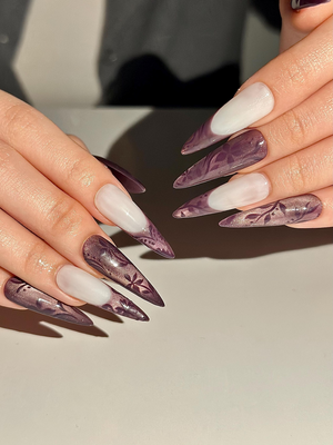 Dark Purple Cat Eye Press On Nails, Mystic Floral French Tip Nails, Ethereal Smoky Velvet Nails, Gothic Luxury Stiletto Fake Nails, OC1292HK