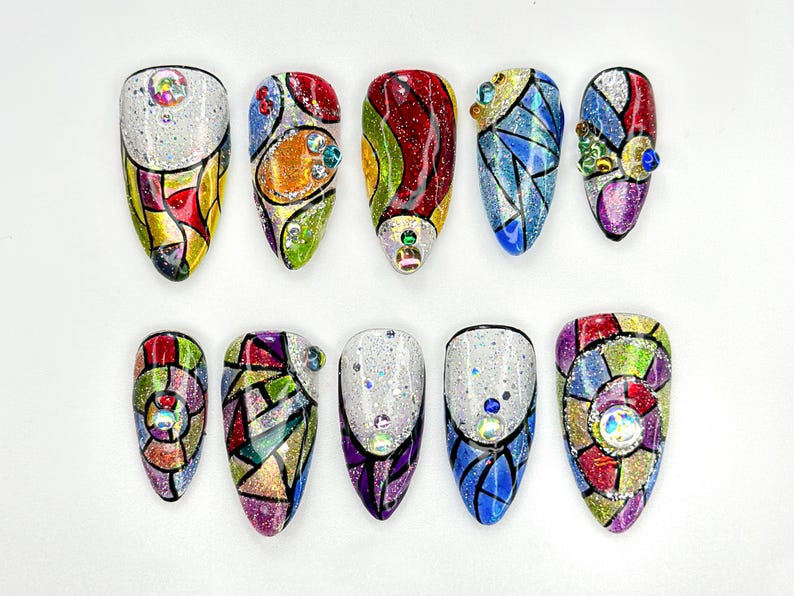 Stained Glass Fantasy Press On Nails | Hand-Painted Mosaic Nail Art | Sparkly Abstract Rainbow Design | Festival Boho Press On Set | OC786HC