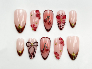 Cherry Blush Bloom Press On Nails | 3D Red Floral & Bow Nail Art | Sweet Cherry Nails | 3D Red Flower Nails | Romantic Nail Set | OC770HC