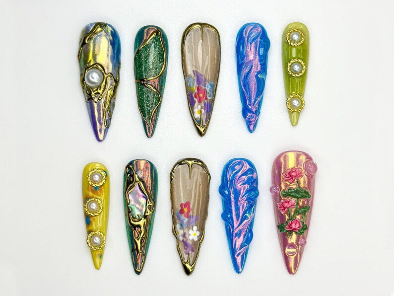 Floral Chrome Press On Nails | Mixed Pearl 3D Art Nails | Sculpted Nature-Inspired | Holographic Garden Press Ons | Artistic Nail | OB856HK