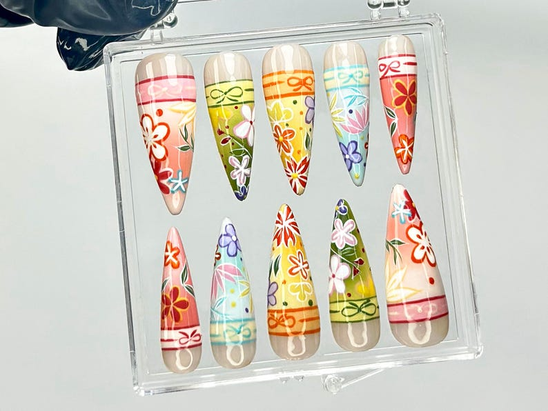 Kimono-Inspired Press On Nails | Japanese Floral Fake Nails | Japanese Kimono Nail Art | Traditional Bright Floral Press Ons | OB917YK