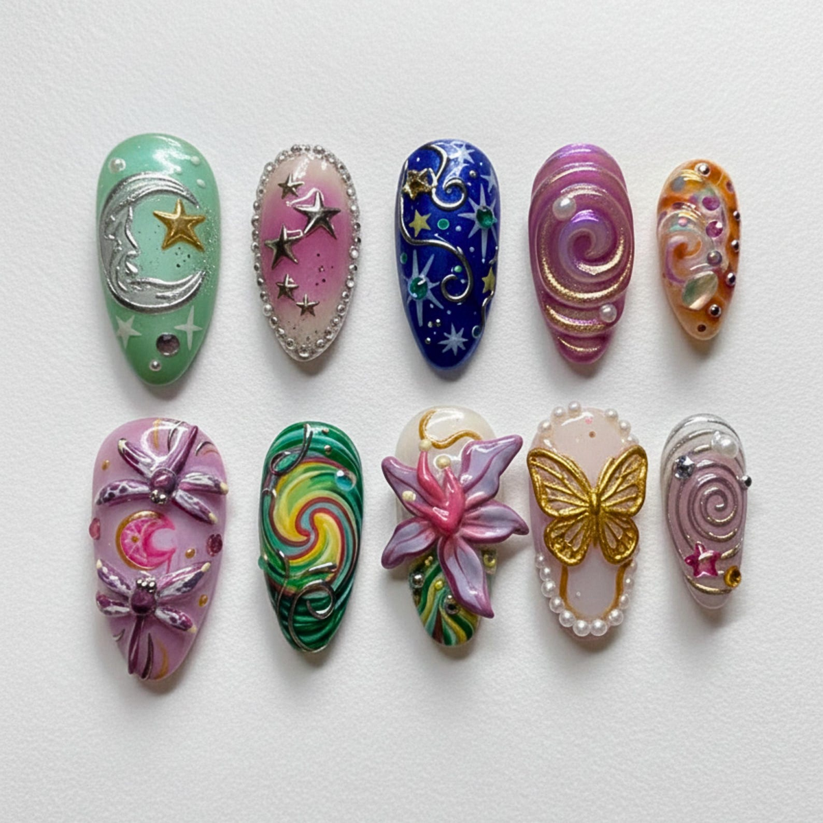 Cosmic Whimsical Garden Press On Nails | Celestial Stars & Moon Nails | Colorful Swirl Fantasy Nail Art | 3D Butterfly Flower Nails | OB270H