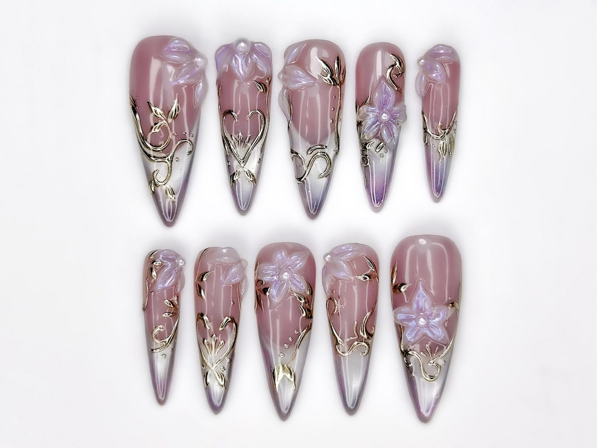 Spring Gothic Blossom Pressons Nails | Dusty Mauve Floral Nails | Iridescent 3D Flower Nail Art | Gold Vine Luxury Nail Set | OB267EC